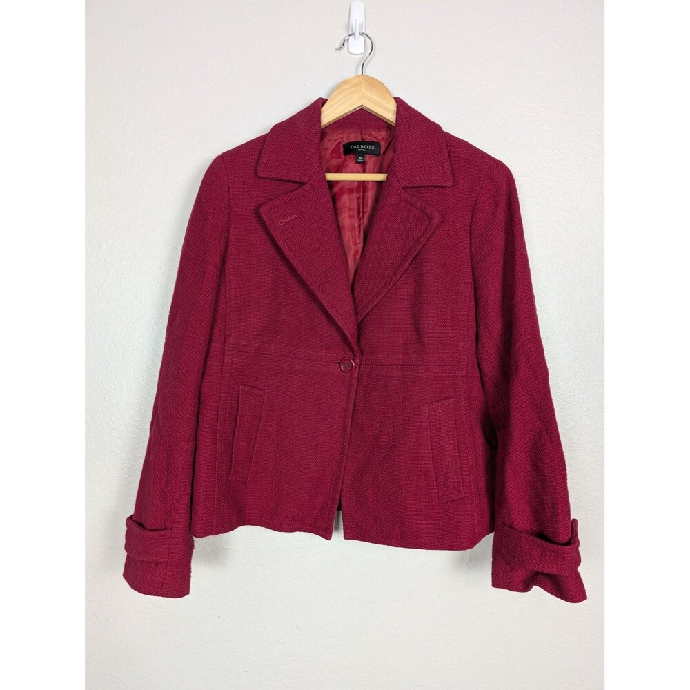 Talbots Blazer Womens 16P Red Cotton Textured Single Button Lined Petite Jacket